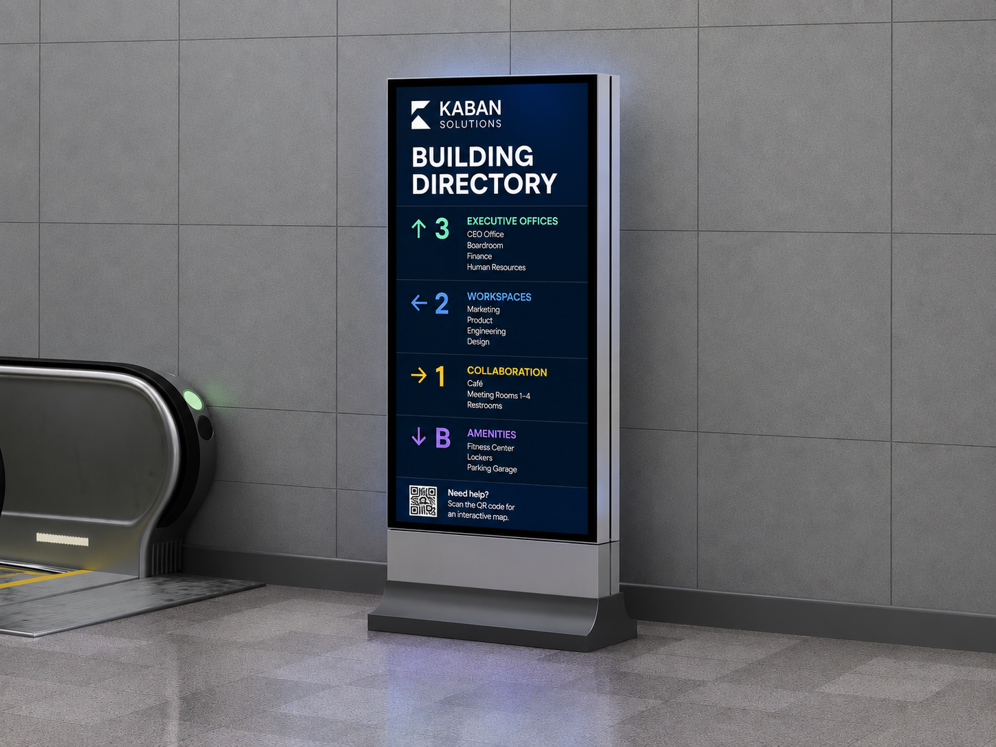 Digital signage wayfinding kiosk in an office lobby